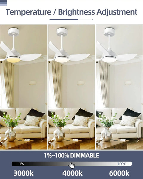 30 Inch Ceiling Fan With Lights And Remote Control LED Indoor Outdoor White 3 Reversible Blades brightness adjustment