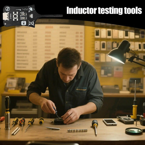 Technician using coil tester for circuit boards inductance tester for motherboards portable battery sensor tester tool kit