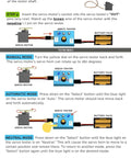 Diagram showing a Servo Motor Tester Kit with 9G 180 Degree Servo RC Servo Tester Controller, and 4 AA Battery Holder setup instructions