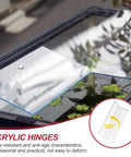 Heavy Duty Clear Acrylic Flexible Living Hinges Pack Of Two 360 Degree Smooth Continuous Invisible Hinge For Shop Displays 75X39mm mounted on an aquarium lid.