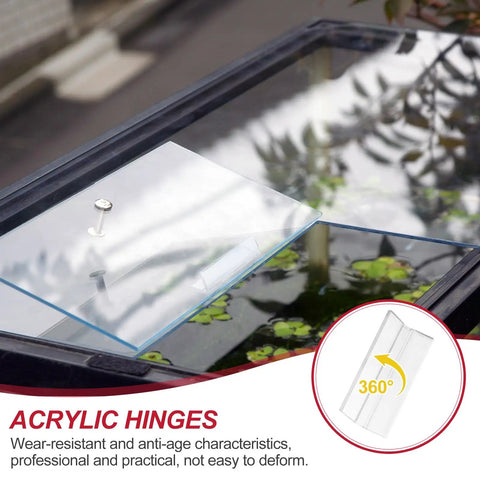 Heavy Duty Clear Acrylic Flexible Living Hinges Pack Of Two 360 Degree Smooth Continuous Invisible Hinge For Shop Displays 75X39mm mounted on an aquarium lid.