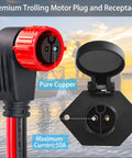 Front view of trolling motor plug and receptacle, 8 AWG 2-wire, waterproof, red male plug with black receptacle.