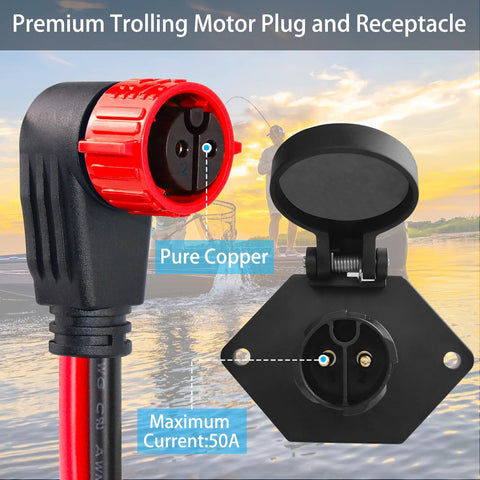 Front view of trolling motor plug and receptacle, 8 AWG 2-wire, waterproof, red male plug with black receptacle.
