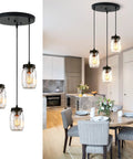 Three Light Mason Jar Pendant Chandelier For Farmhouse Kitchen And Dining Room with glass jars in a modern dining area