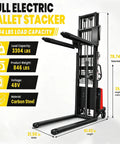 Heavy Hitting Electric Walkie Pallet Stacker With Strong 1.6 Kw Motor Plus Steel Frame Boasting Two Thousand Two Hundred Four Pound Capacity And Ninety Eight Inch Lift Height For Dock To Rack Yard Work, showcasing load capacity and dimensions.