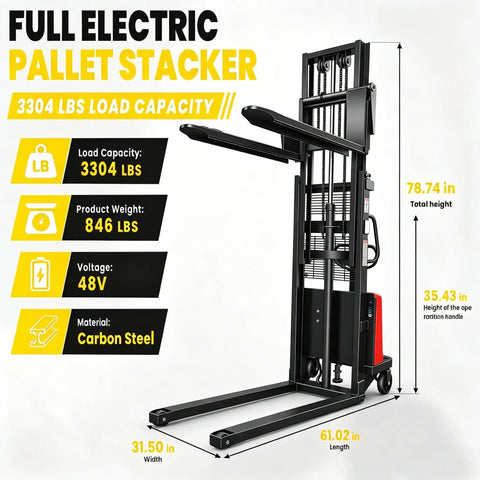 Heavy Hitting Electric Walkie Pallet Stacker With Strong 1.6 Kw Motor Plus Steel Frame Boasting Two Thousand Two Hundred Four Pound Capacity And Ninety Eight Inch Lift Height For Dock To Rack Yard Work, showcasing load capacity and dimensions.