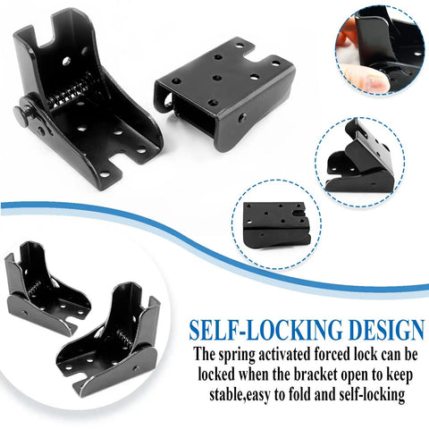 Skip The Hassle With These Heavy Duty Folding Table Leg Brackets In Black, showing self-locking design and hole pattern.