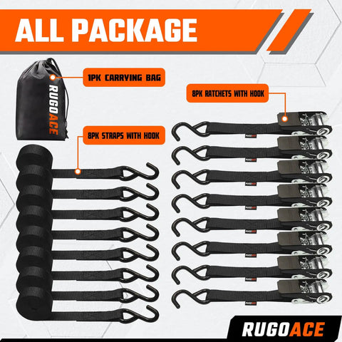 Heavy Duty Ratchet Tie Down Straps 1 Inch By 10 Feet 900 Lbs Break Strength 8 Pack Black Cargo Strap in carrying bag.