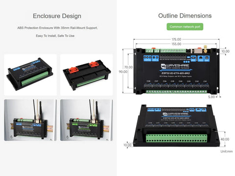 Dimensions and enclosure design of 8 Channel ESP32 S3 WiFi Relay Module With Onboard RS485 Digital Inputs Relay Outputs Ethernet Port