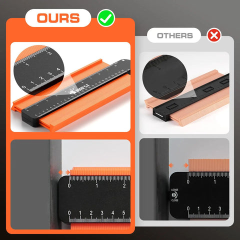 Contour Gauge With Lock 10 Inch Adjustable Shape Measuring Tool for Tile Flooring and Woodworking, showing edge comparison