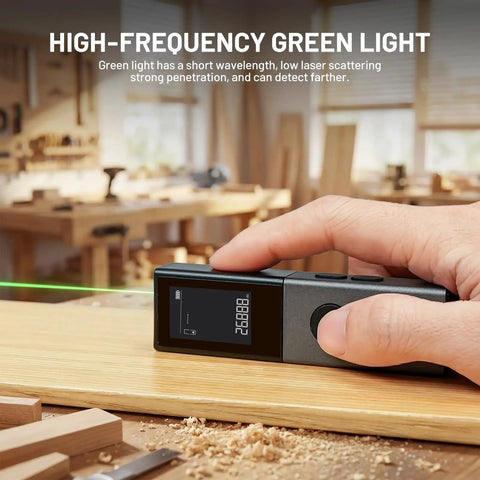 Dope Green Laser Distance Meter With 165 Feet Range, 2mm Accuracy, Rechargeable Battery, Handheld Measuring Tool For Quick, Precise Distance And Area Calculations on wood surface