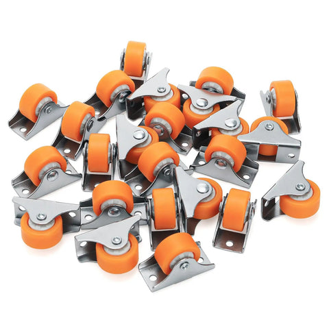 24 Pack 1 Inch Rigid Casters With Sturdy Metal Top Plate Low Profile Fixed Wheels For Furniture And Cabinet Parts Smooth Rolling Mount Kit Included In Bold Orange Finish.