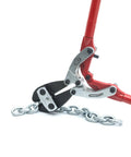 18 Inch PowerPivot Center Cut Double Compound Action Bolt Cutter cutting a chain, showcasing induction hardened blades and tubular steel handles.