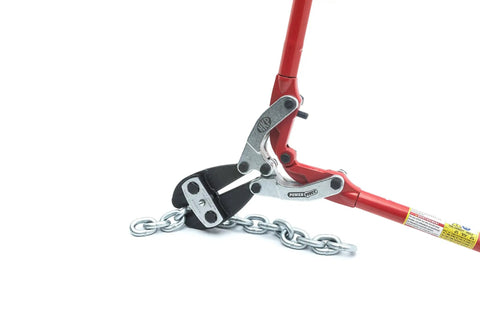 18 Inch PowerPivot Center Cut Double Compound Action Bolt Cutter cutting a chain, showcasing induction hardened blades and tubular steel handles.
