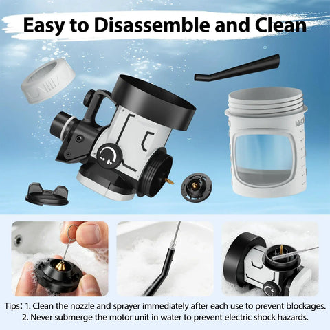 Cordless Paint Sprayer With Dual 2000 Mah Batteries And 1200W HVLP Gun Featuring Brass Tips reusable cups disassembled for cleaning.
