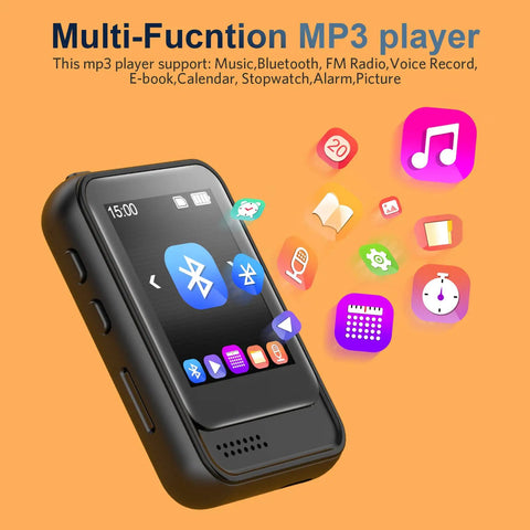 Bluetooth 5.3 Portable Music Player With Built In Speaker And Micro SD Slot Up To 512GB FM Radio Video Playback graphics