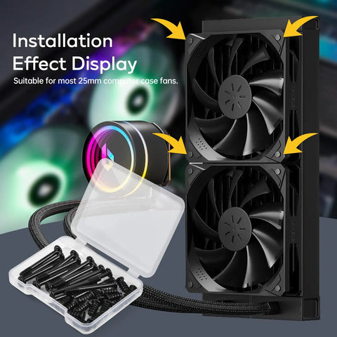 Badass 30Pc PC Fan Screws Kit For Rock Solid Computer Cooling And Radiator Mounts showing installation with fans and screws in view.
