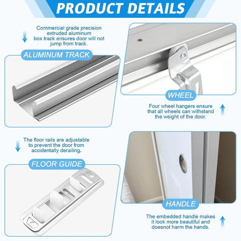 72 Inch By-Pass Closet Track Kit For Sliding Doors With Brass-Plated Pulls And Offset Rollers, aluminum track and floor guide
