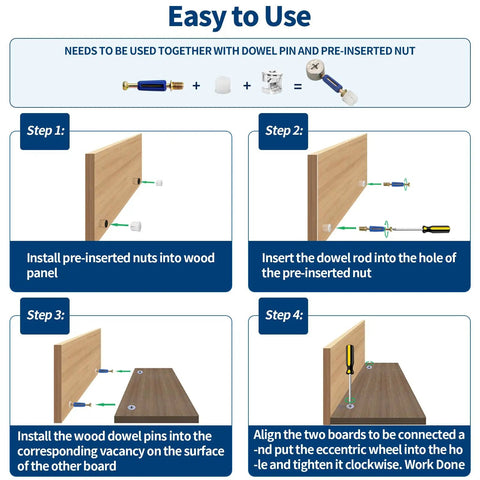 Step-by-step guide for using Must Have 121 Piece Furniture Hardware Kit With Cam Lock Fasteners, Bed Frame Bolts M6x20/40/60/80 in assembly