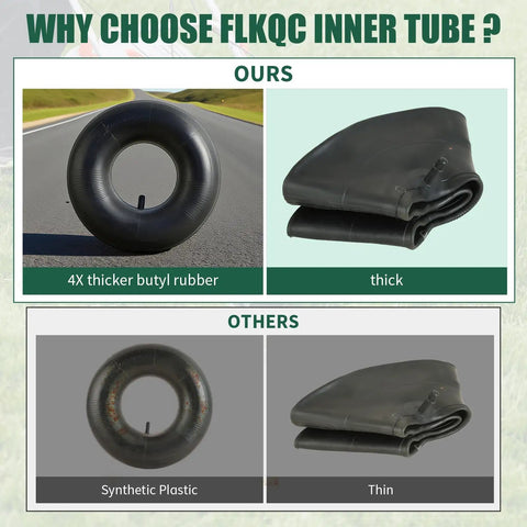 Comparison of our Two Pack Heavy Duty Inner Tubes 15x6.00-6 with TR-13 Valve Stem and others, showing thickness and material differences.