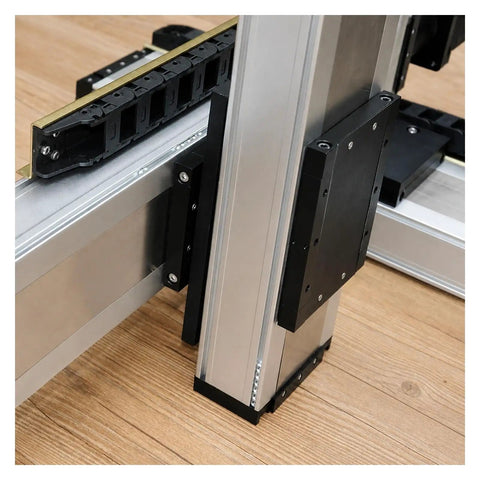 Close-up view of the aluminum frame and black components of the Built Tough Gantry Type Ball Screw XY Linear Motion Stage System.