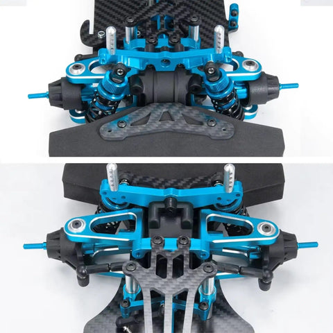 Close-up of front assembly on Beefy Metal RC Car Chassis Frame 1 By 10 Scale Upgrade for On Road Drift RC Cars, showing shock absorbers.