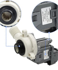 Front view: washer drain pump assembly with white housing, black O-ring seal, and gray motor.