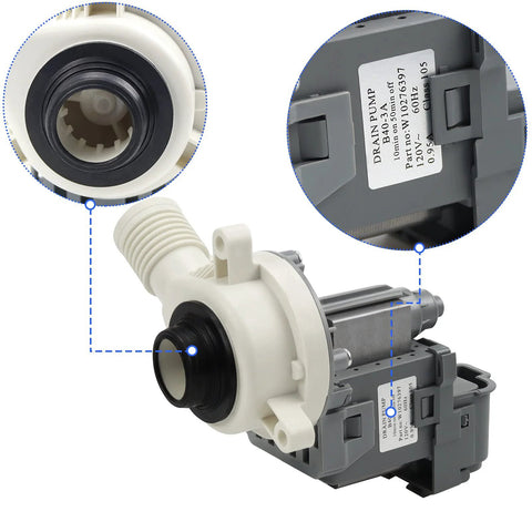 Front view: washer drain pump assembly with white housing, black O-ring seal, and gray motor.