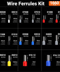 Color-coded ferrules assortment for All In One Ferrule Crimping Tool Kit With Wire Stripper, Self Adjusting Ratchet Crimp Tool, 1660 Ferrules Connectors