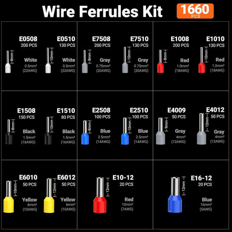 Color-coded ferrules assortment for All In One Ferrule Crimping Tool Kit With Wire Stripper, Self Adjusting Ratchet Crimp Tool, 1660 Ferrules Connectors