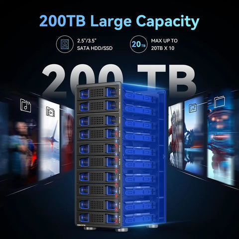 No Sweat Storage Beast 10 Bay Aluminum Desktop Raid Enclosure With Active Cooling Fan, 200TB capacity, supports 2.5 and 3.5 inch SATA drives.