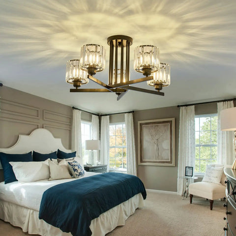 Five Light Crystal Chandelier in dope black close to ceiling pendant light fixture for bedroom, modern vintage style.