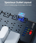 Eight Foot Power Strip Do It All Surge Protector with Twenty Two Outlets and Six USB Ports for All Your Gear, close-up view