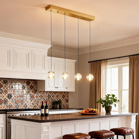 Dope Three Light Crystal Raindrop Chandelier With Crystal Ball Pendants in a kitchen, hanging from a high ceiling nickel canopy.