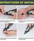 Four-panel instruction collage for WORKPRO 12V cordless rotary tool kit; shows spindle lock, chuck, and bit installation.