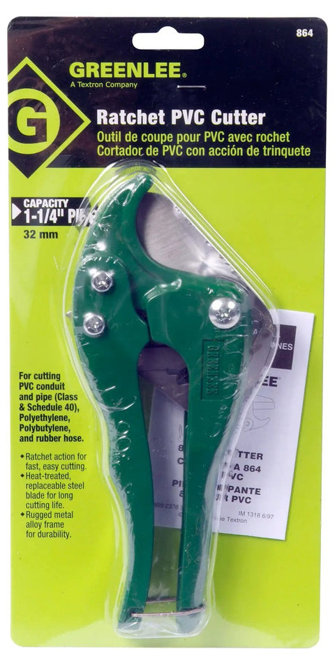 PVC Pipe Cutter For Up To One And One Quarter Inch PVC Tubing With Ratchet Action And Durable Metal Frame Green Finish