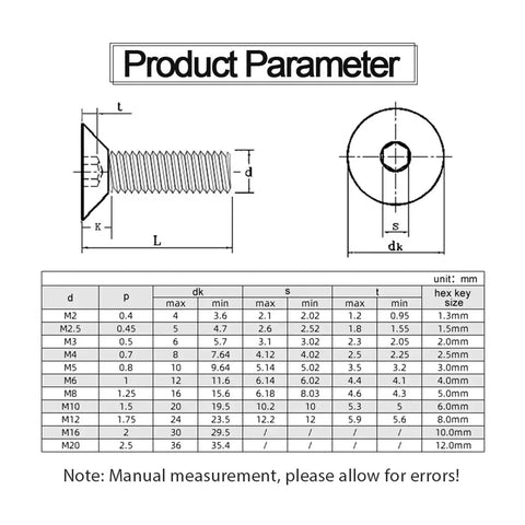 Technical diagram and specifications for Flat Head Screw Set for Furniture Your Go To Hardware, Metric M2 Through M8