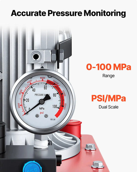 Pressure gauge on Beefed Up Electric Hydraulic Pump Power Pack 750W 120V 10000 PSI Max 8 LPM Flow Double Acting Unit showing 0-100 MPa range.