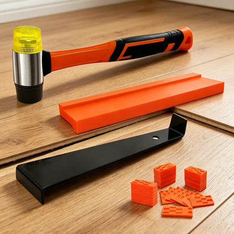 DIY Friendly Laminate Wood Floor Installation Kit With Tapping Block Pull Bar Floor Spacers Rubber Mallet on wood floor