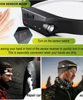 Rechargeable 9 Mode LED Headlamp With Motion Sensor For Running Hiking Camping, showing motion sensor activation and use in activities.