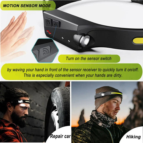 Rechargeable 9 Mode LED Headlamp With Motion Sensor For Running Hiking Camping, showing motion sensor activation and use in activities.