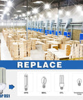 Warehouse overhead view with Two Pack 150W LED Corn Light Bulbs Ultra Bright 18000 Lumens For Garage Warehouse Workshop Barn E26 Base