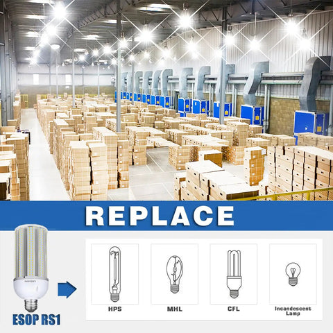 Warehouse overhead view with Two Pack 150W LED Corn Light Bulbs Ultra Bright 18000 Lumens For Garage Warehouse Workshop Barn E26 Base