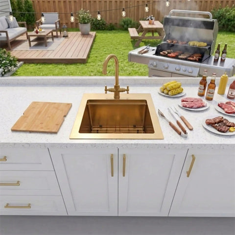 Gold Bar Sink 17 By 17 Inches, Drop In And Top Mount Bar And Prep Sink, 16 Gauge Stainless Steel installed in outdoor kitchen.
