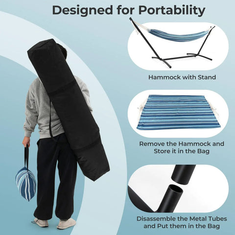 Two Person Outdoor Hammock With Adjustable Metal Stand For Patio Or Garden shown with carrying cases