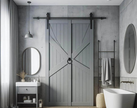 Bathroom with matte black sliding barn door featuring rotatable matte black gate pull handles with dual motion flip 180 and rotate 360.