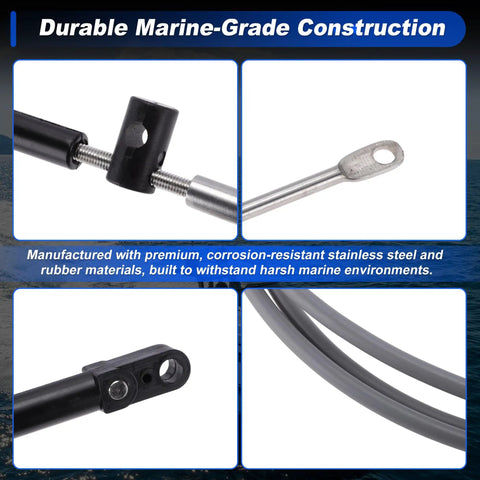 4-part image showing components of 2 Pack 7m Boat Throttle And Shift Control Cables For Mercury MerCruiser Outboard Marine