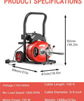 Heavy Duty Electric Drain Auger With Auto Feed And Six Easy Swap Cutters showing product specifications and dimensions.