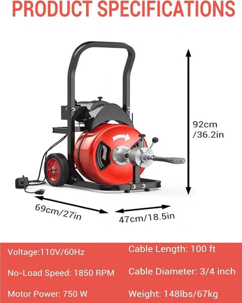 Heavy Duty Electric Drain Auger With Auto Feed And Six Easy Swap Cutters showing product specifications and dimensions.