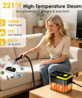 Huitine Portable Steam Cleaner With 1.9 Qt Tank Delivers Powerful High Temp Steam For Stubborn Grease And Dirt On Grout Stovetop And Tiles Ideal For Deep Home Cleaning Maintenance Tasks, woman using steam cleaner on sofa.